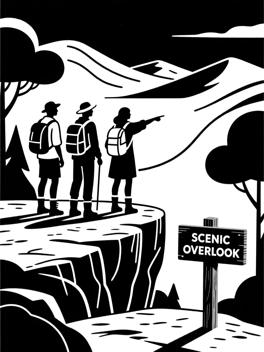 A group of hikers reaching a scenic overlook.