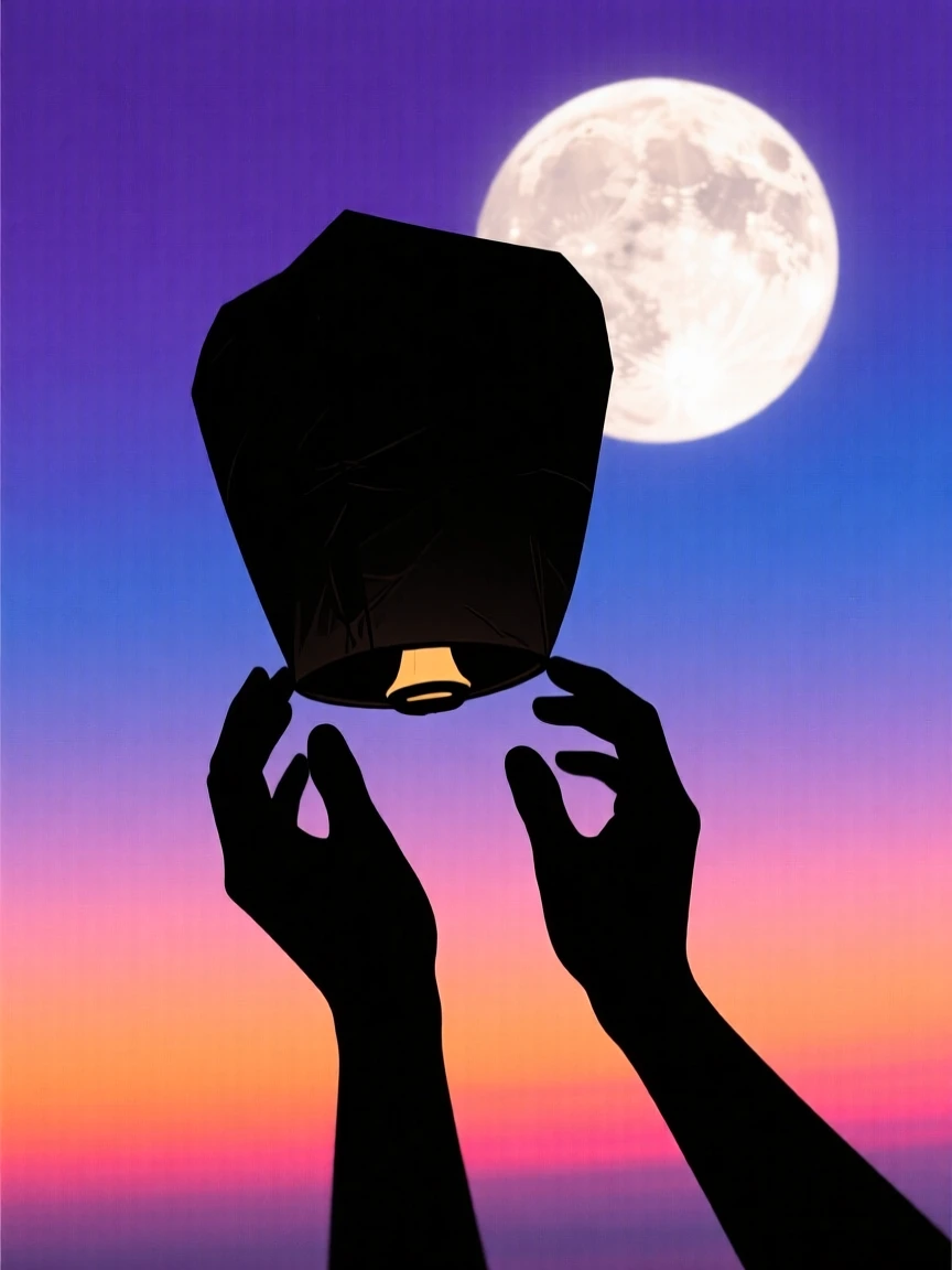 A pair of hands releasing a paper lantern that drifts up past a full moon.