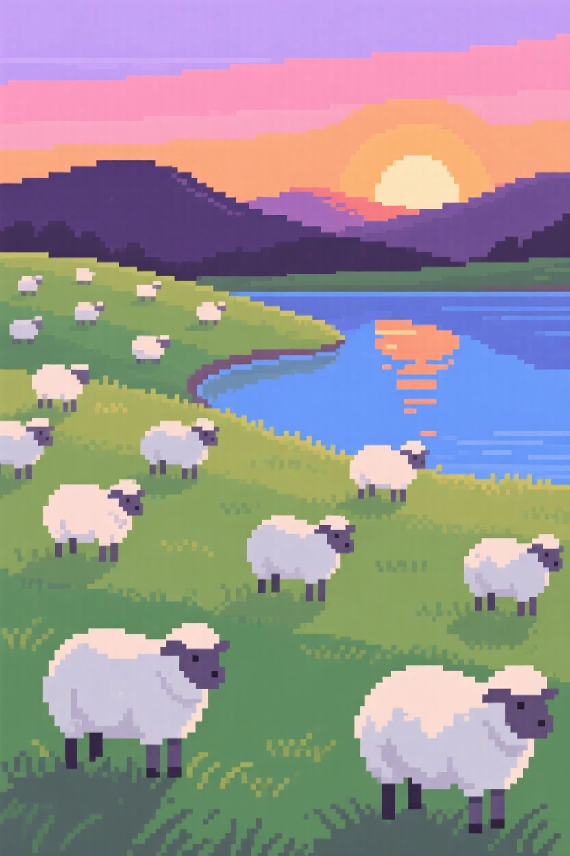 A meadow dotted with grazing sheep reflecting the colors of a setting sun, beside a calm and glassy lake.