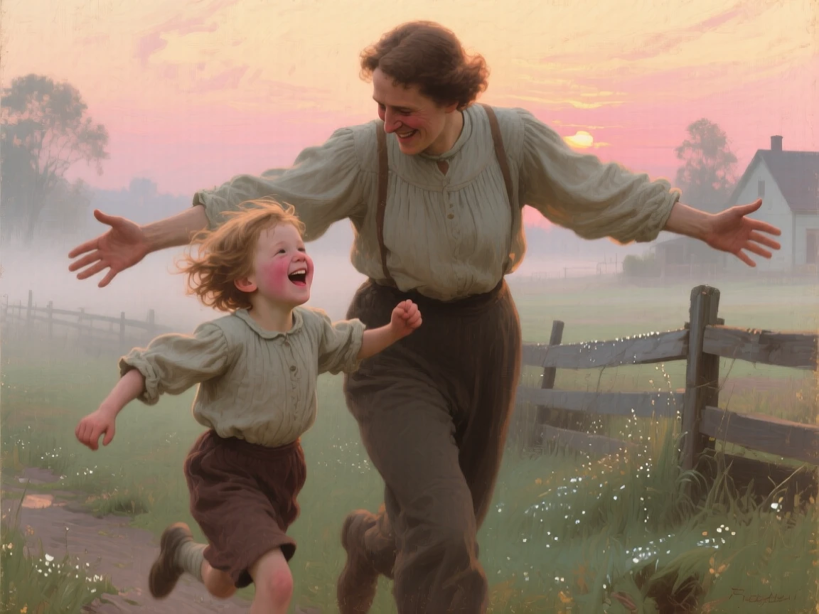A close-up portrait of a child running joyfully into a parent's open arms, at dawn, in the early 1900s.