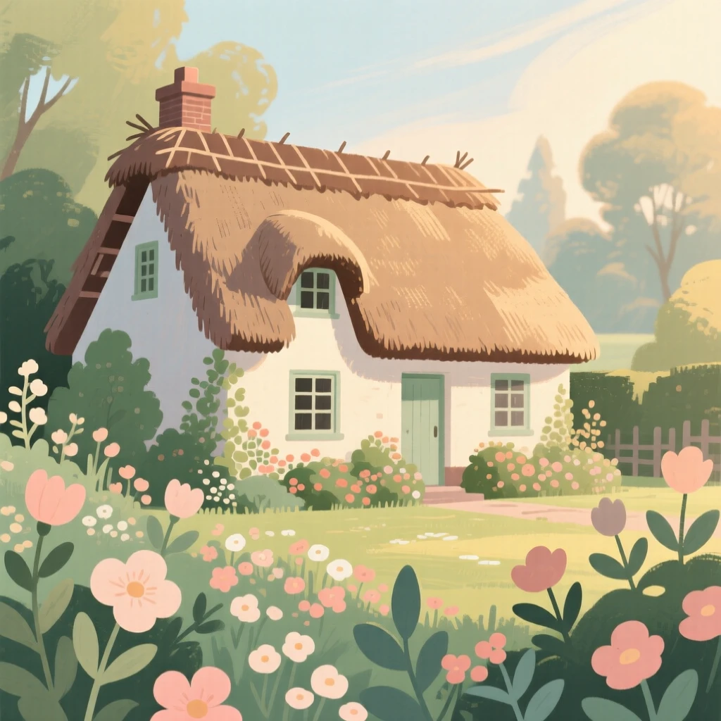 A thatched-roof cottage surrounded by a blooming cottage garden