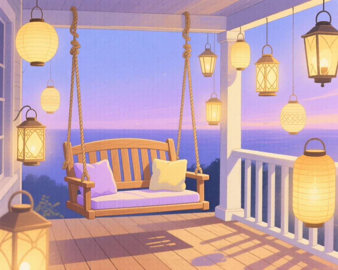 A porch swing surrounded by hanging lanterns, glowing softly as evening falls.