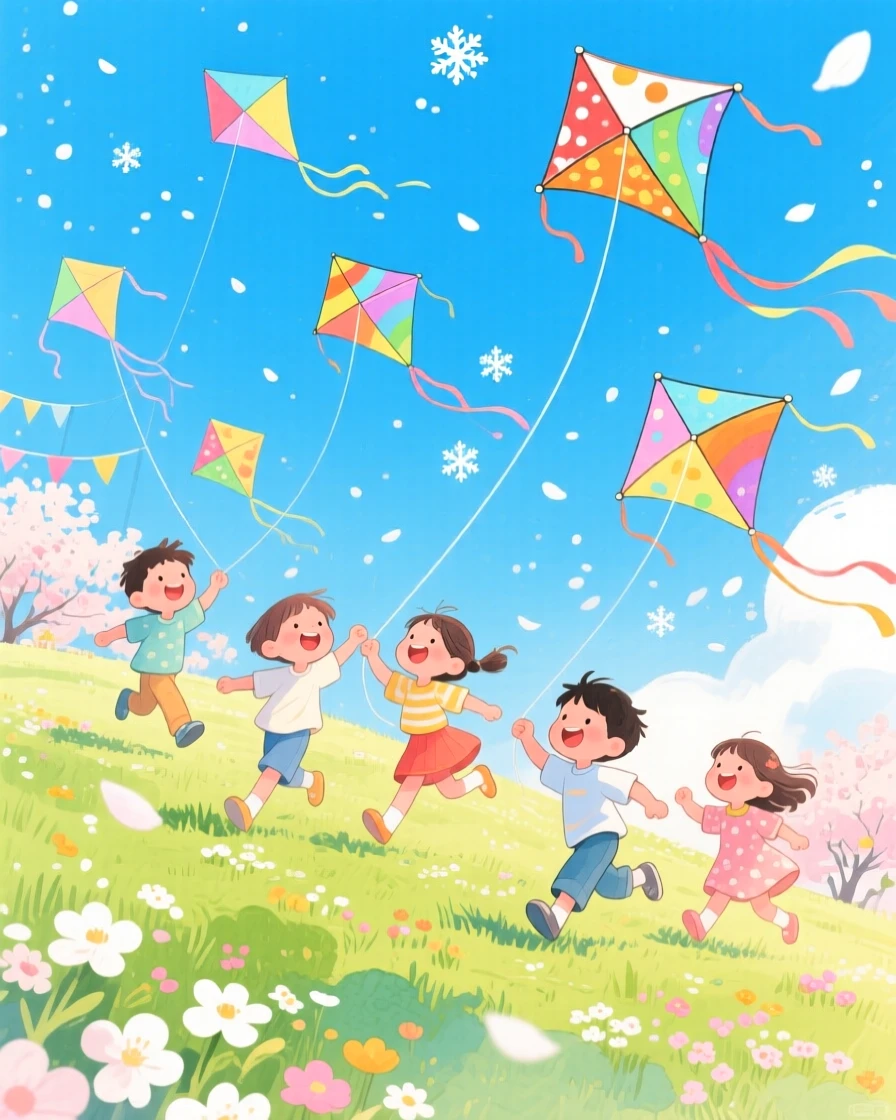 Children flying kites at a spring festival, in a hillside dotted with colorful kites against a blue sky, with soft snow or petals drifting gently through the scene, evoking carefree seasonal joy.