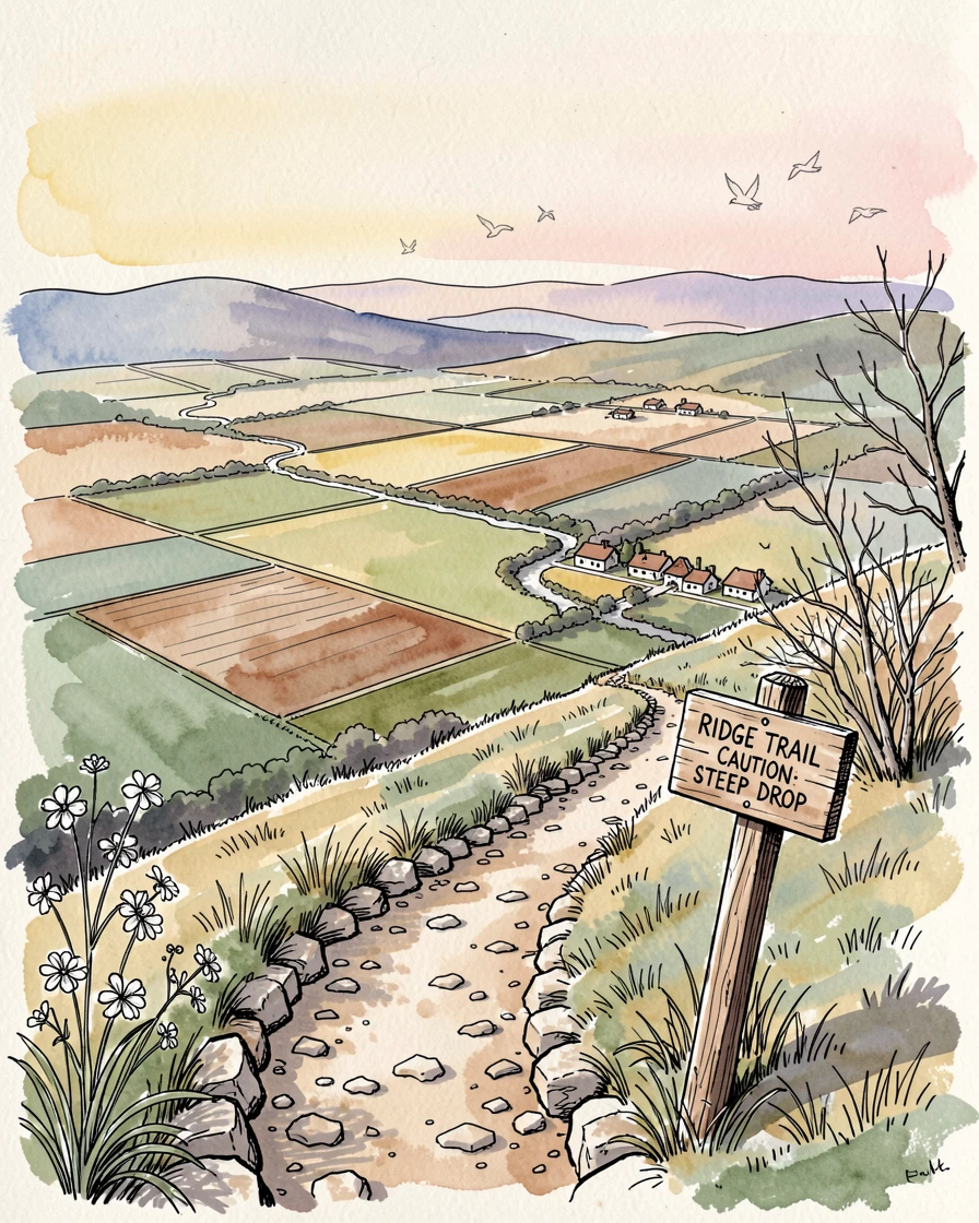 A steep ridge trail overlooking a patchwork valley far below, birdsong drifting through the stillness of early morning.