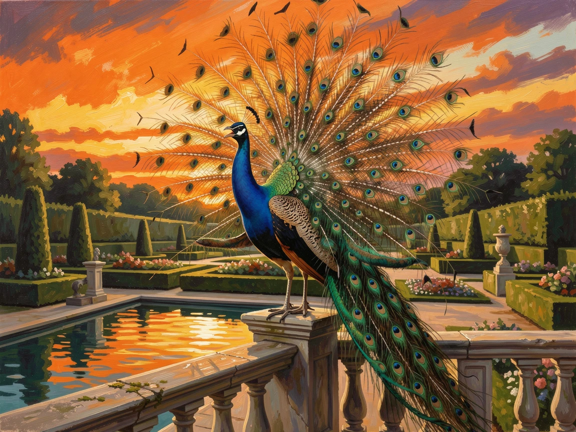 A peacock displaying its full, iridescent tail, it calling out from its high perch, within a sprawling formal garden, at sunset, silhouetted against a brilliant orange sky.