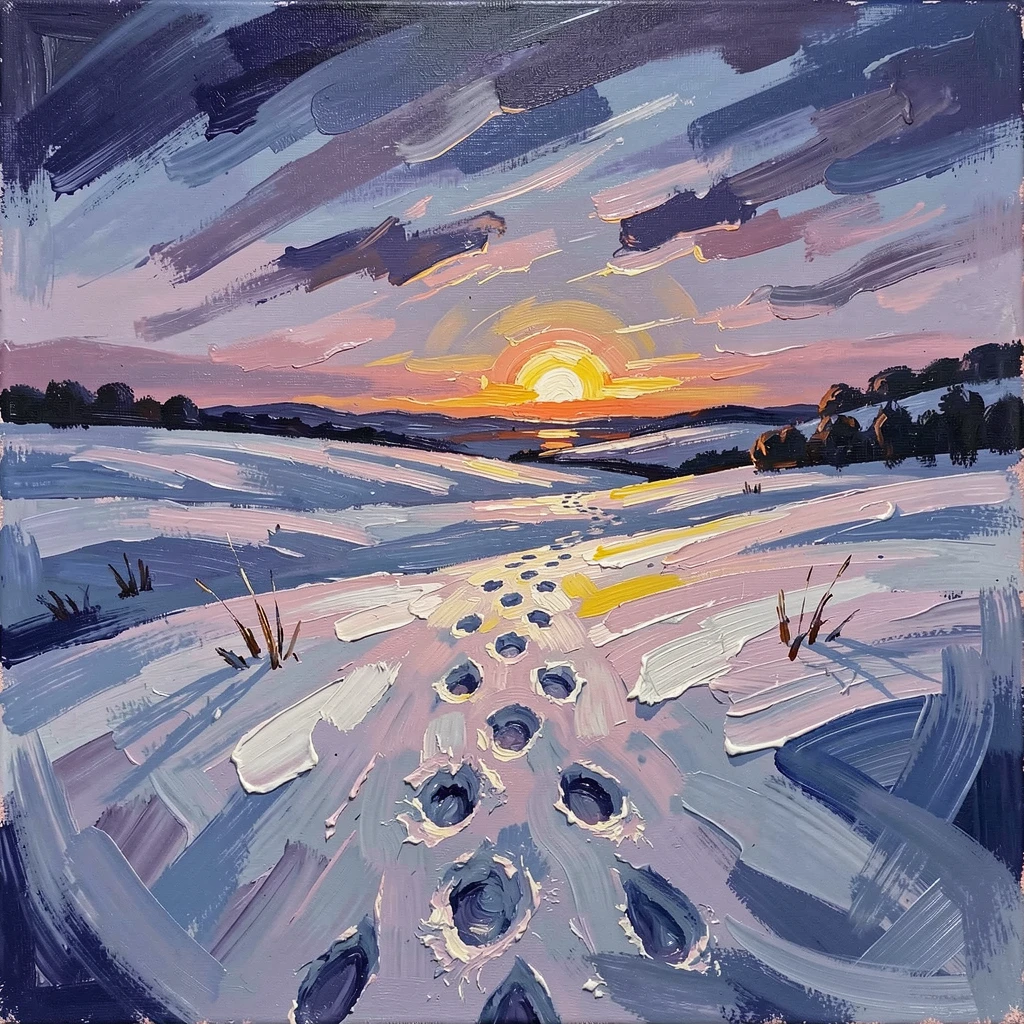 A quiet snow-covered field at twilight, a single set of footprints leading toward a distant light.