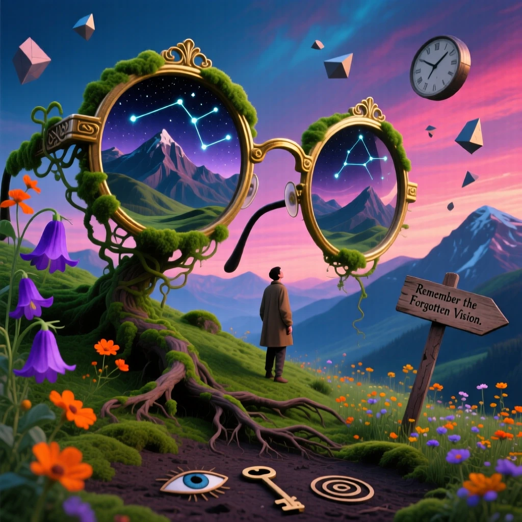 A colossal pair of spectacles framing a distant mountain range has become overgrown with moss, vines, and wildflowers, while a single small figure stands beside it for scale.