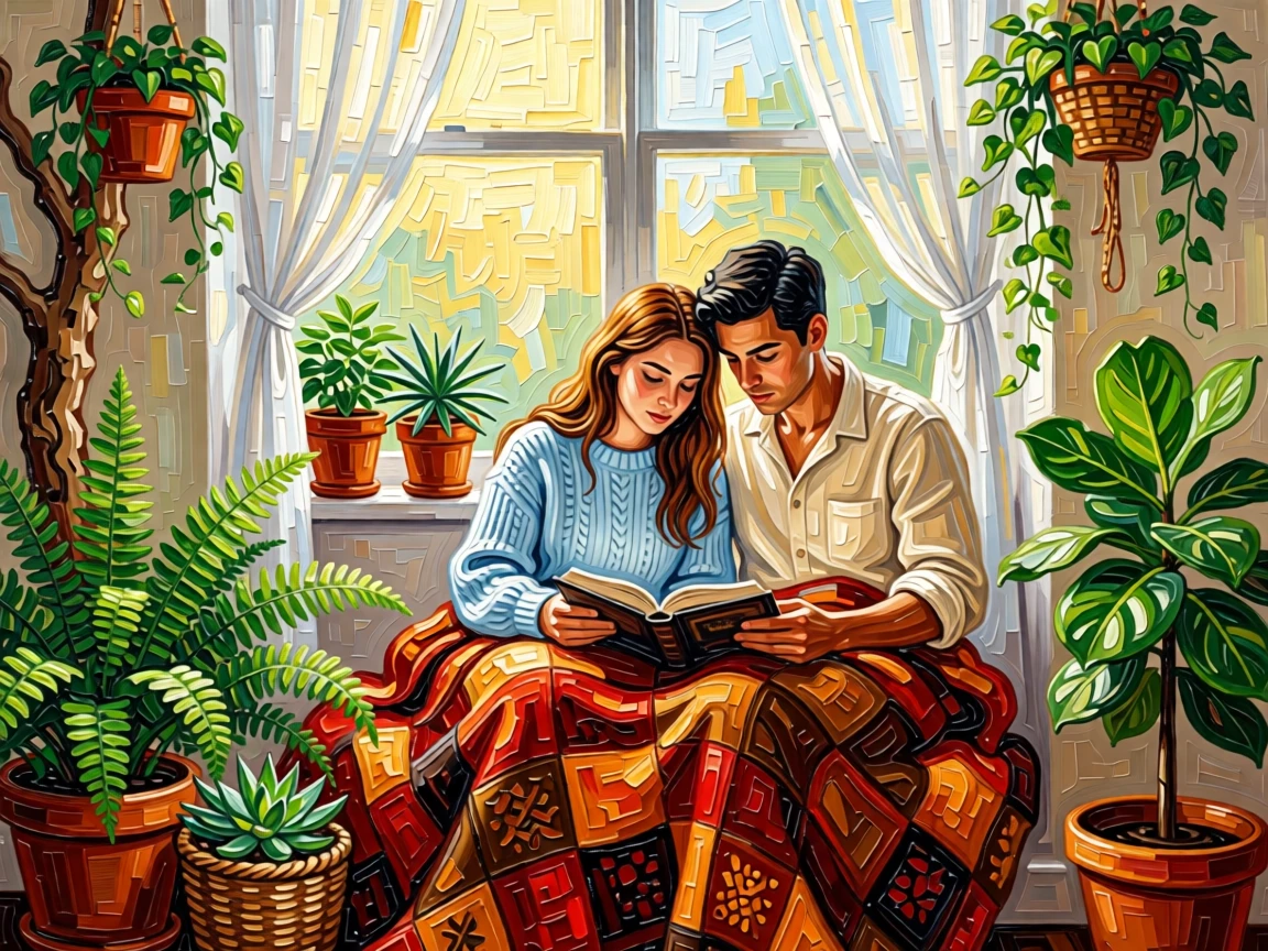 A young couple reading together beneath a blanket in a sunlit window nook filled with plants