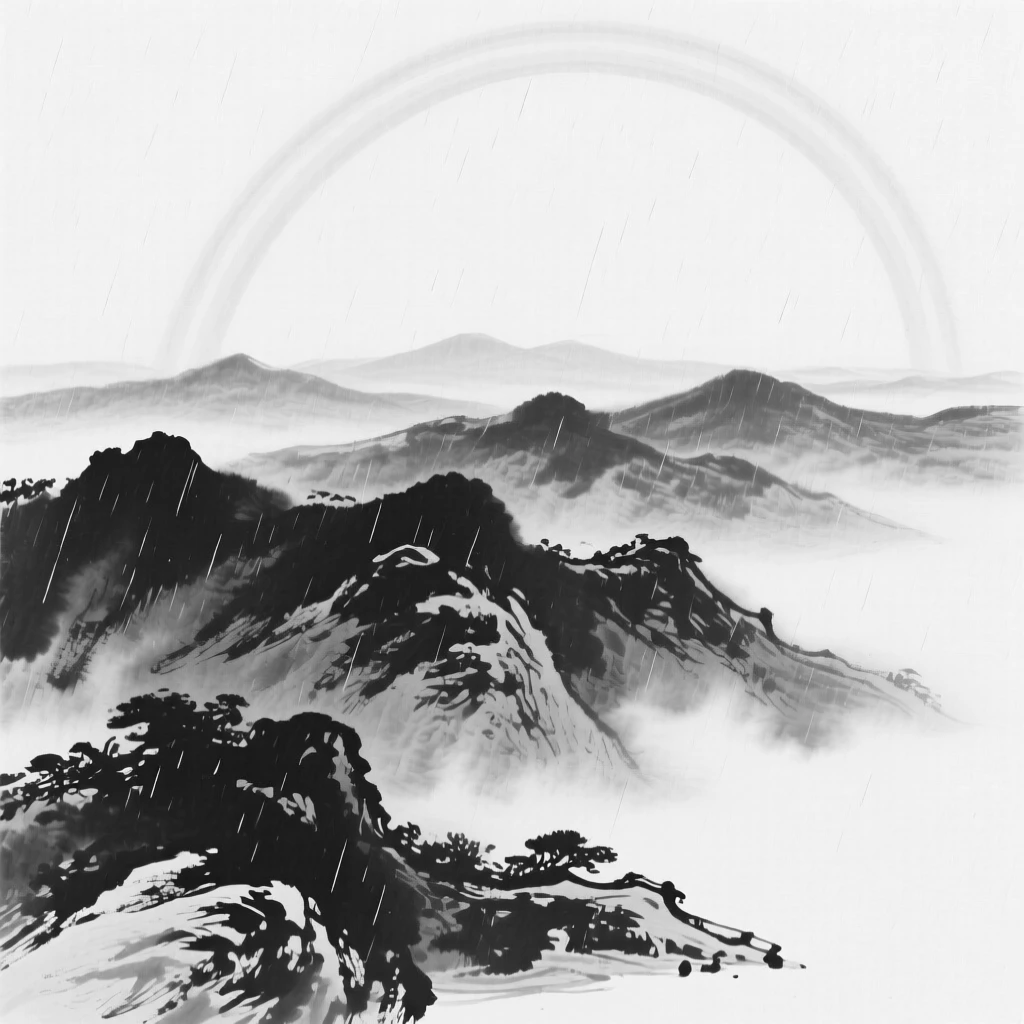 A rainbow arcs across the sky after a passing mountain shower, with mountain ridges emerging and vanishing in the shifting mist.