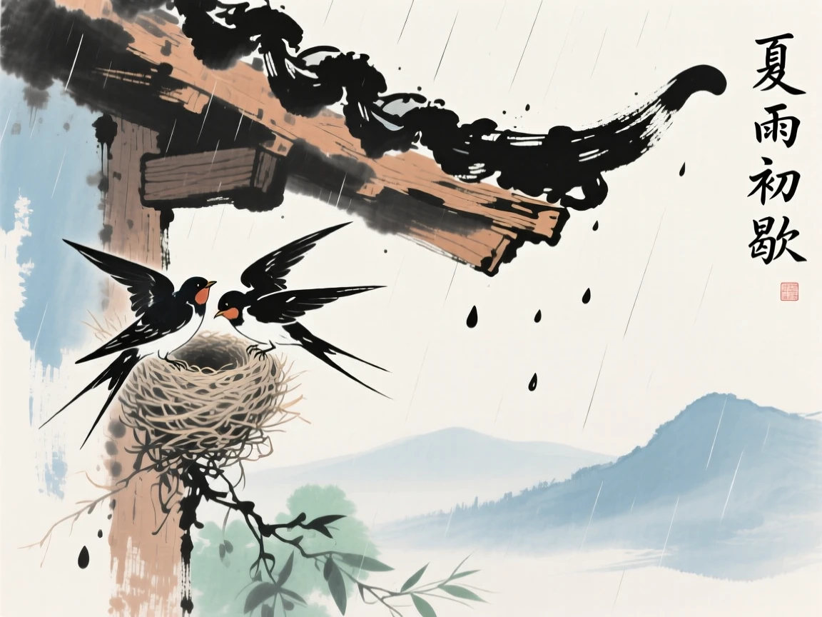 A pair of swallows building a nest beneath an eave, as summer rain begins to fall.