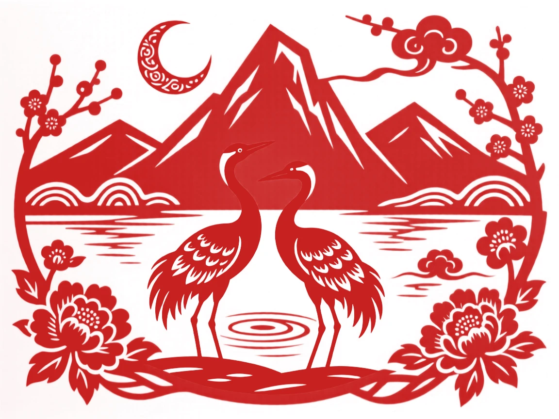 A composition of a pair of egrets beside a still mountain lake, a crescent moon rising above the ridgeline.