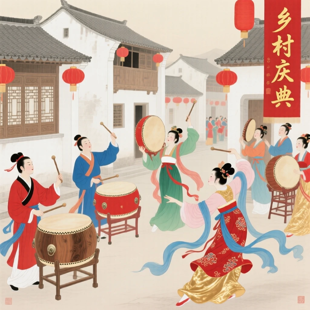 A village celebration with drummers and dancers in colorful silk
