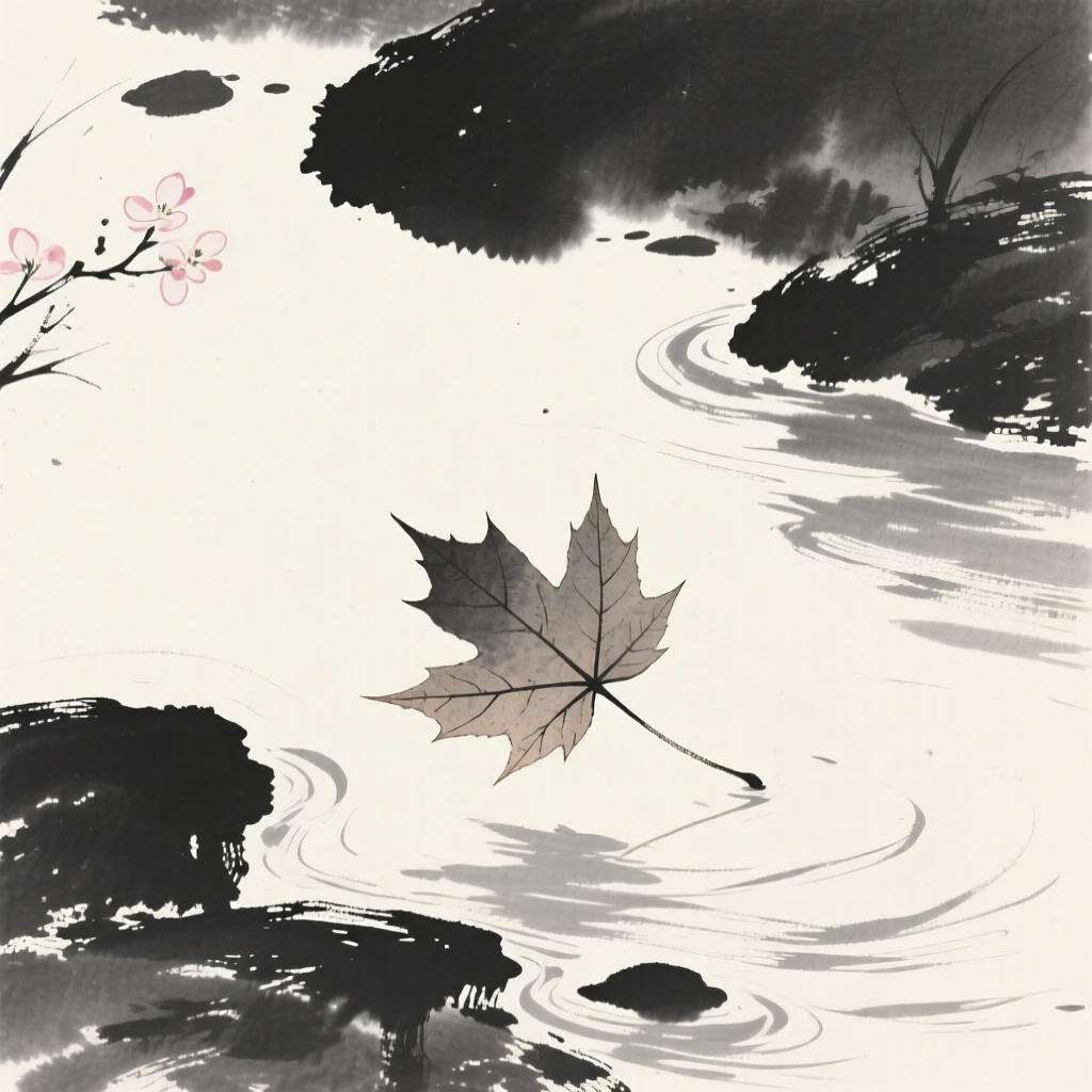 A fallen maple leaf drifting on water along the bank of a slow-moving stream, framed asymmetrically for quiet visual balance, capturing a delicate, transient moment in bloom.