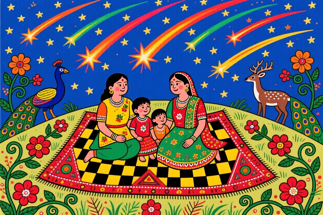 A family watching a meteor shower together from a hilltop blanket.