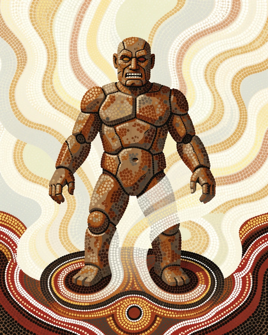 A stone golem guardian emerging from swirling mist