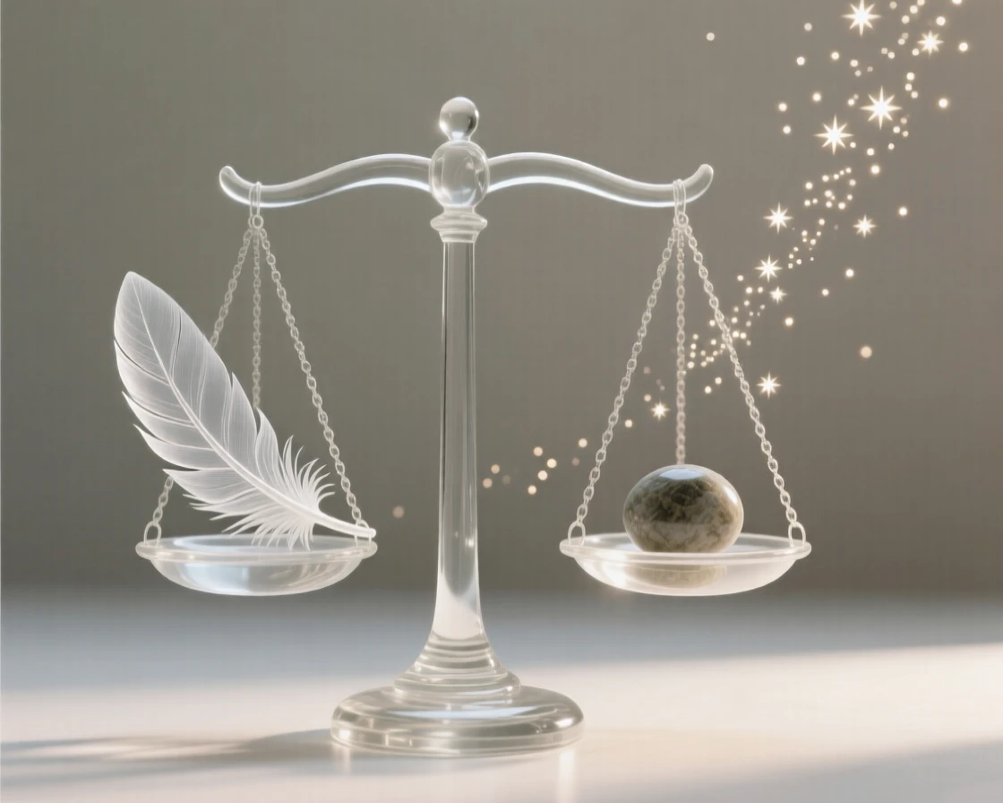 A set of scales balanced perfectly between a feather and a stone while small particles drift upward like scattered stars
