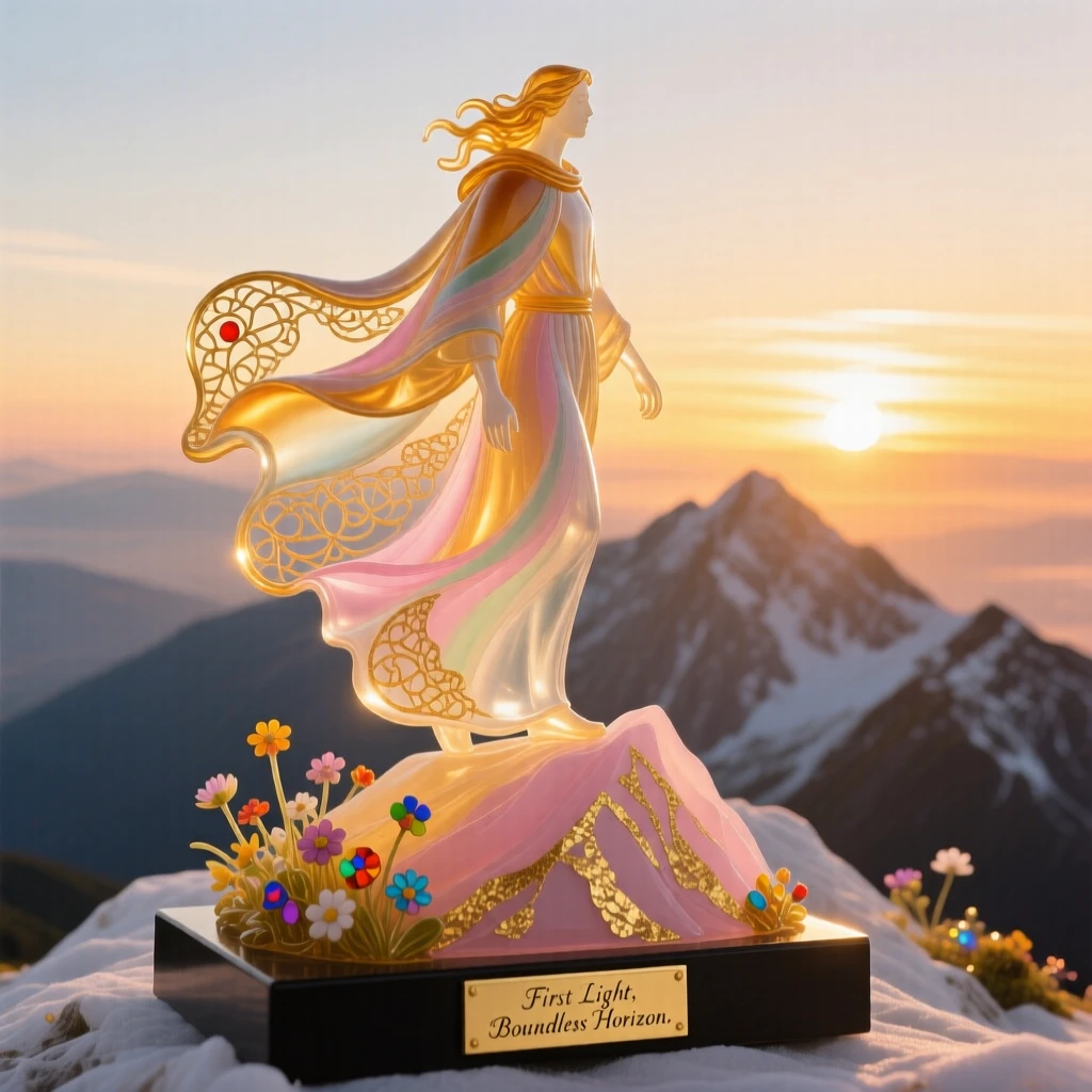 A lone traveler standing atop the highest mountain summit at the very first light of dawn, gazing out over an endless golden horizon, triumphant and boundless.