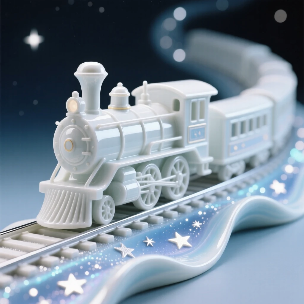 A dreamlike scene of a train traveling along tracks made of starlight, evoking a gentle sense of magic and possibility.