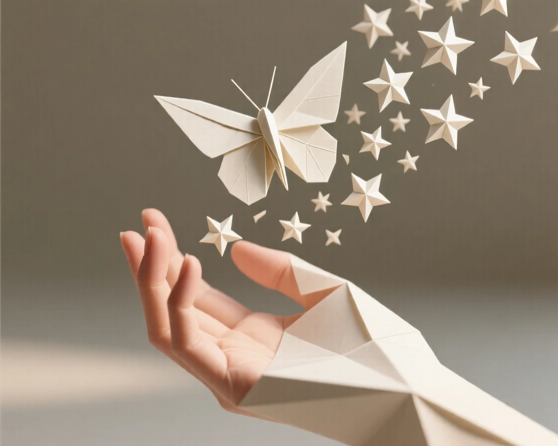 A hand releasing a single moth that transforms mid-flight into a shower of falling stars.