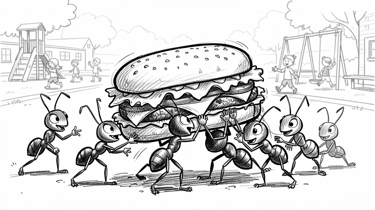 A group of ants carrying a picnic sandwich together in a schoolyard during recess.