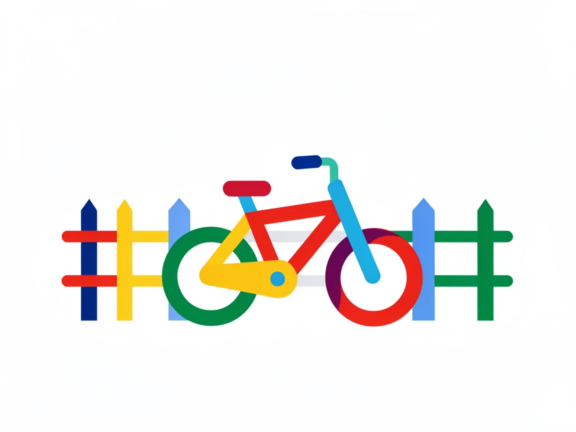 A coloringful bicycle leaning against a garden fence