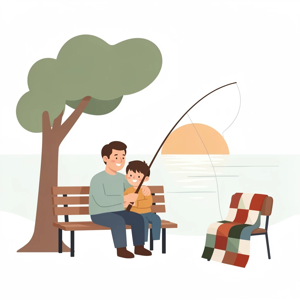 A heartwarming family moment: a father and son fishing together at dawn sharing a single fishing rod, watching the sunrise reflect on the water within a peaceful park bench beneath a shady tree; a warm quilt draped over a nearby chair nearby, full of heartfelt closeness and shared happiness.