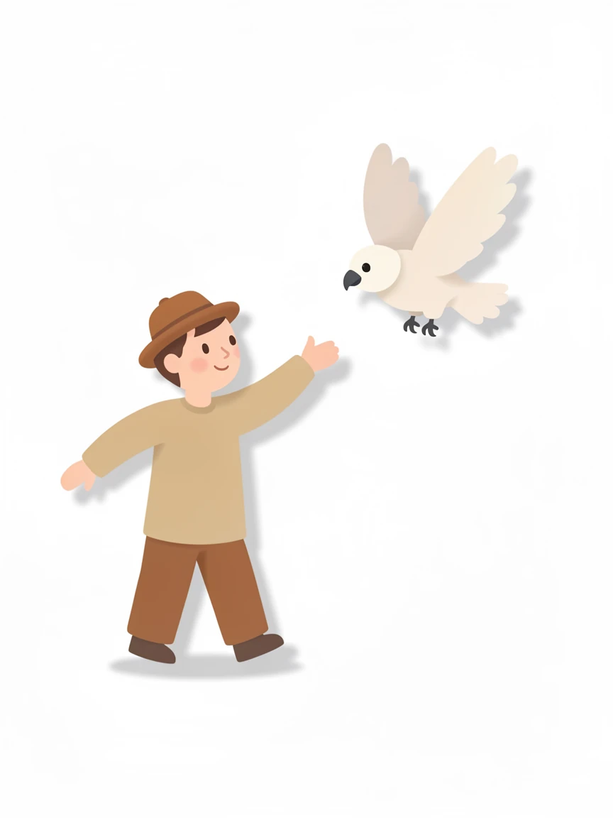 A falconer releasing his bird into flight, framed by soft, dramatic shadows, forming a strong central focal point