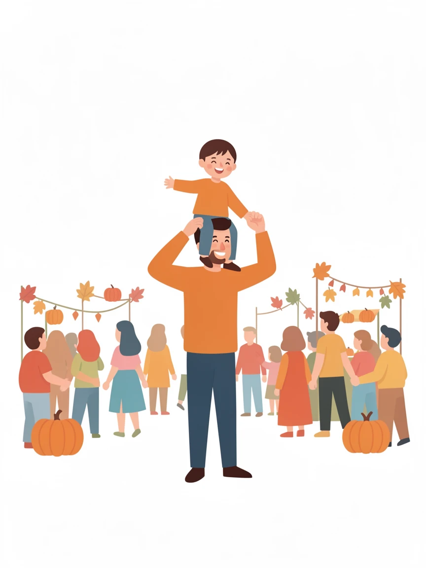 A child riding on a father's shoulders through a crowded harvest festival.