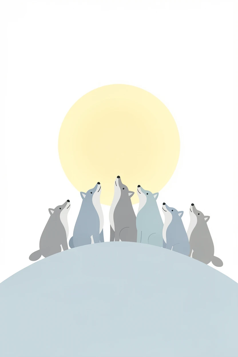 A pack of wolves howling together atop a moonlit ridge.