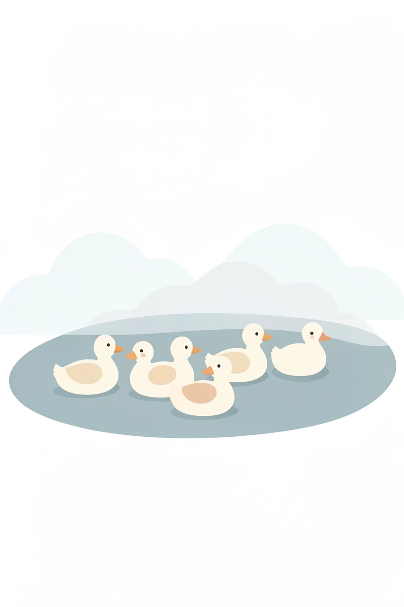 A family of ducks resting beside a still lake as fog rolls in.