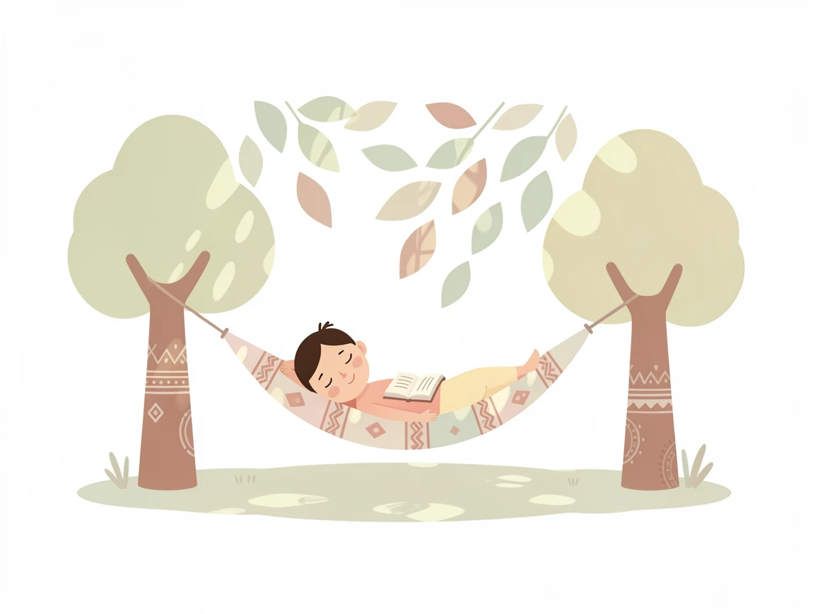 A child sleeps peacefully in a hammock strung between two trees, a book resting open on their chest in dappled afternoon sunlight, their surroundings offering subtle clues about culture, place, and the moment being lived.