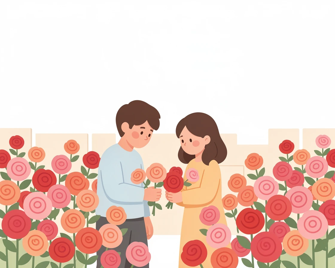 A couple gathers blooms in a walled garden bursting with roses on a warm spring afternoon.