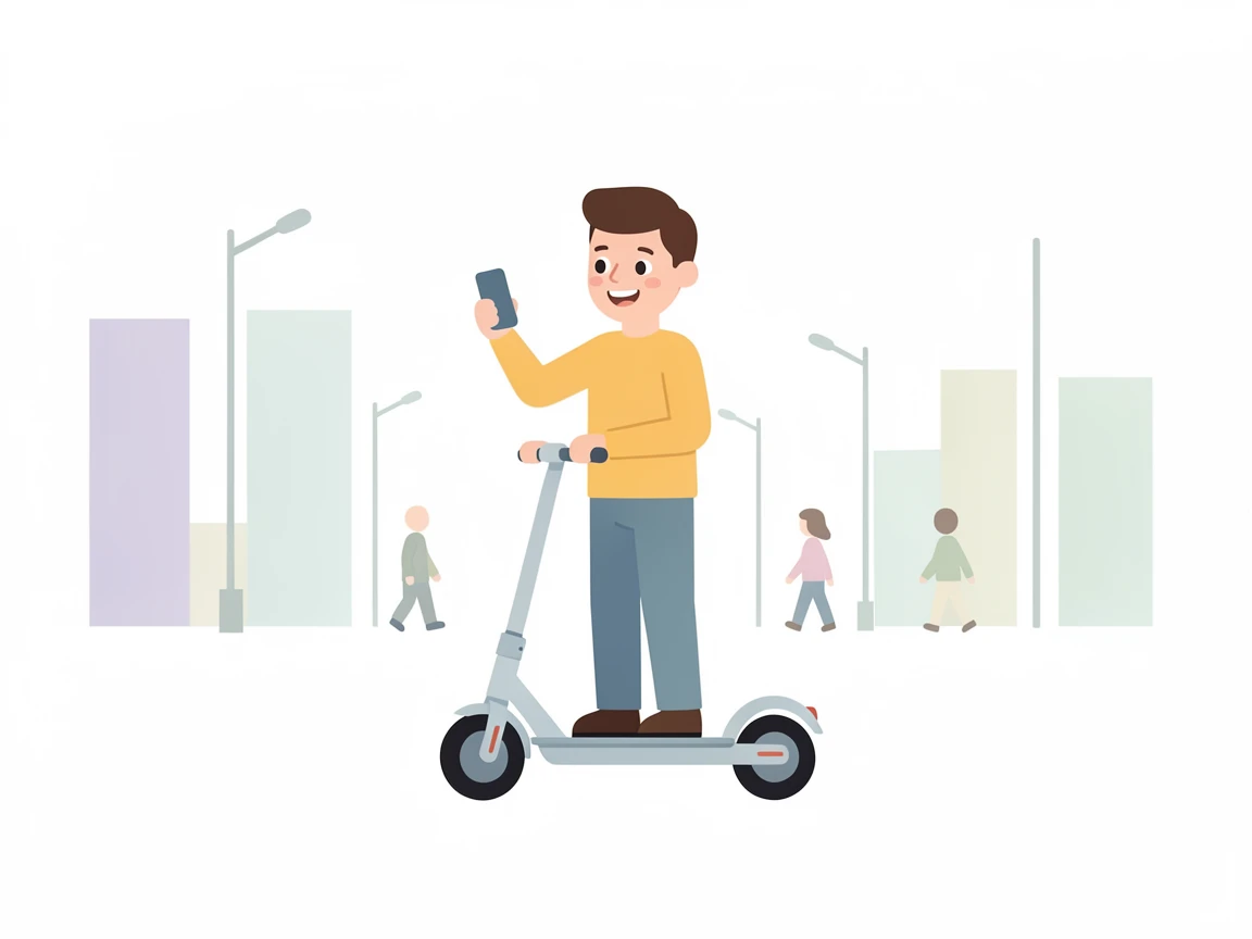 A man vlogging his morning commute on an electric scooter through a busy city.