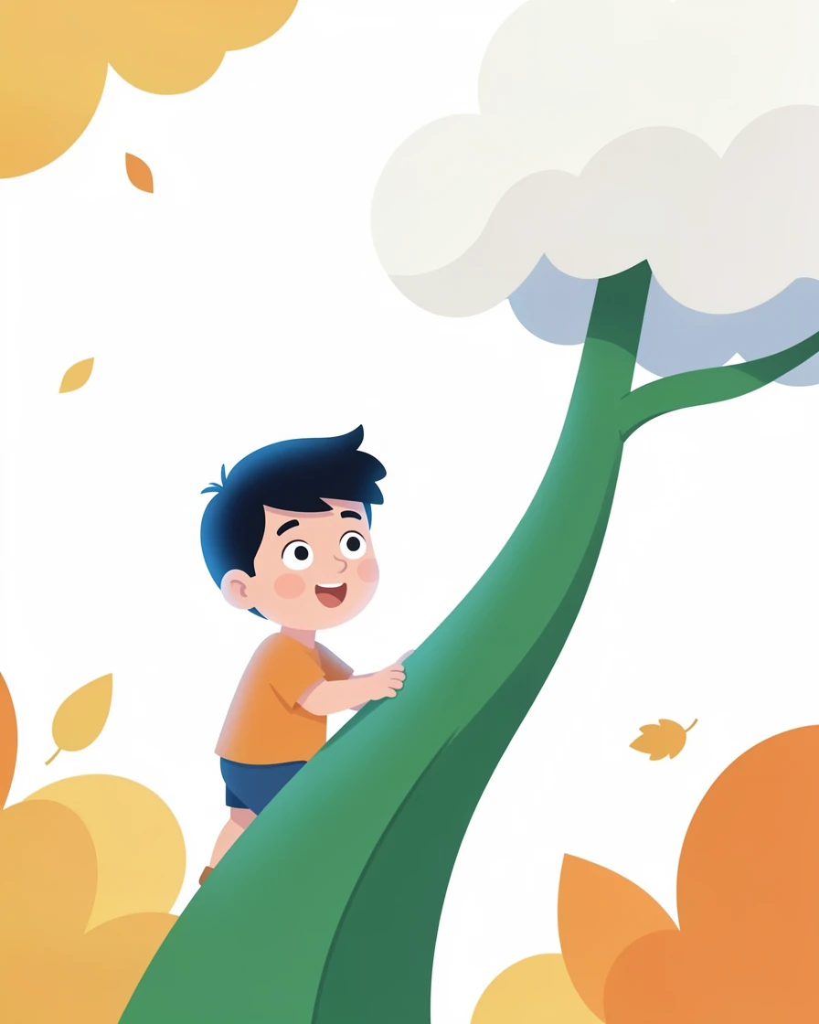 Close-up portrait: a small boy, climbing a giant beanstalk toward the clouds, set against a magical cloud-covered sky during golden autumn harvest season, with cool blue twilight glow and a mood of wide-eyed wonder.