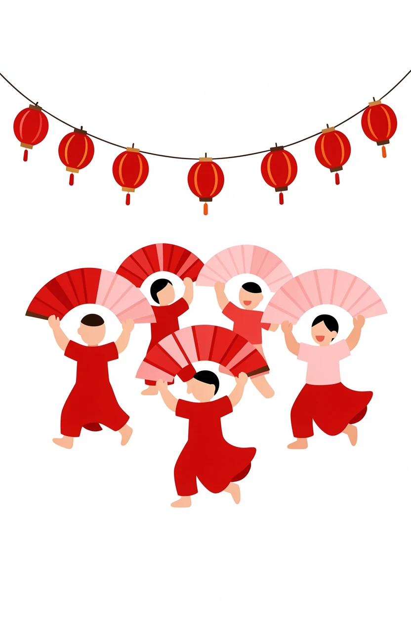 A group performs a traditional fan dance under strings of red lanterns.