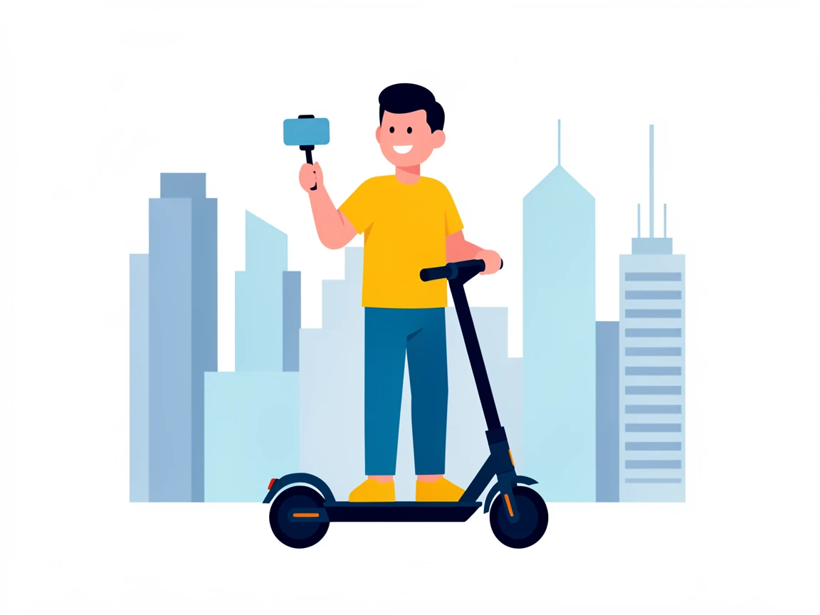 A man vlogging his morning commute on an electric scooter through a busy city.