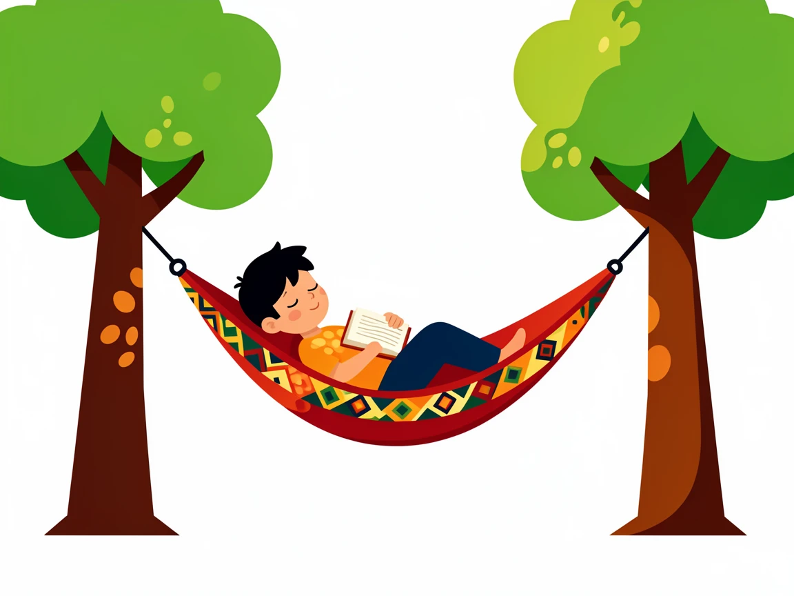 A child sleeps peacefully in a hammock strung between two trees, a book resting open on their chest in dappled afternoon sunlight, their surroundings offering subtle clues about culture, place, and the moment being lived.