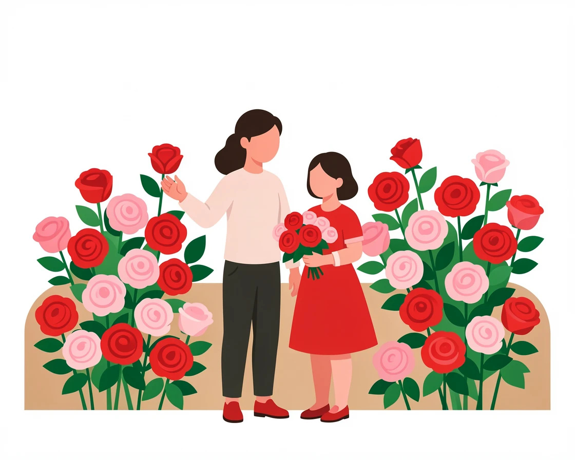 A couple gathers blooms in a walled garden bursting with roses on a warm spring afternoon.
