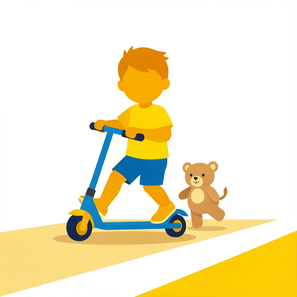 A playful childhood moment of a little boy racing scooters down a sunny sidewalk, with a favorite stuffed animal close at hand.