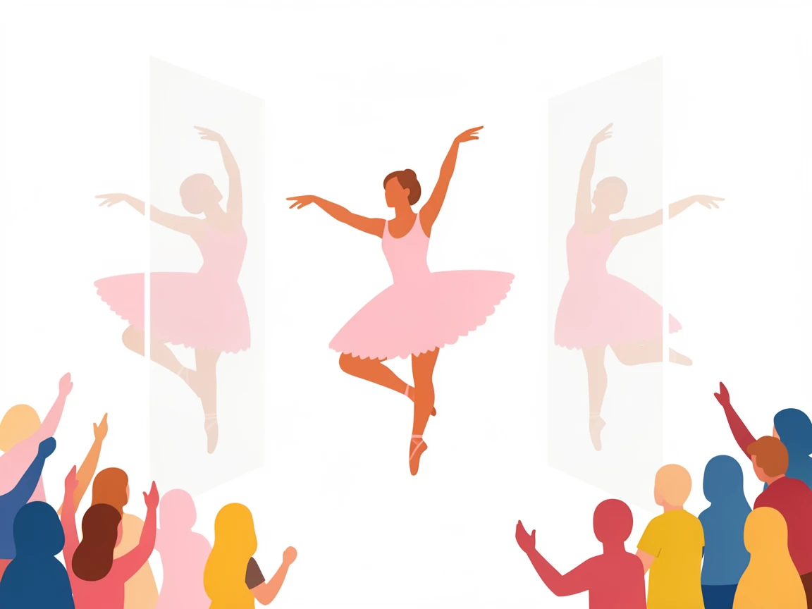 A ballet dancer leaps gracefully across a sunlit rehearsal studio, her reflection multiplied in the surrounding mirrored walls, the surrounding crowd adding energy and movement to the edges of the composition.