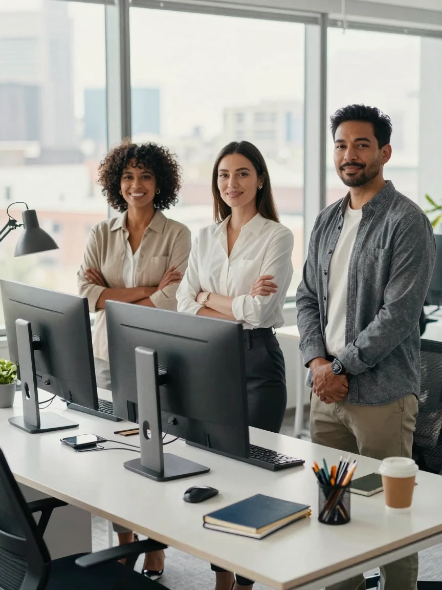 Three persons in a modern office setting, standing behind a desk with computers and office supplies.