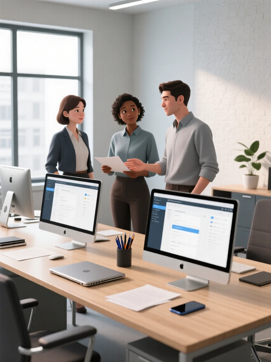 Three persons in a modern office setting, standing behind a desk with computers and office supplies.