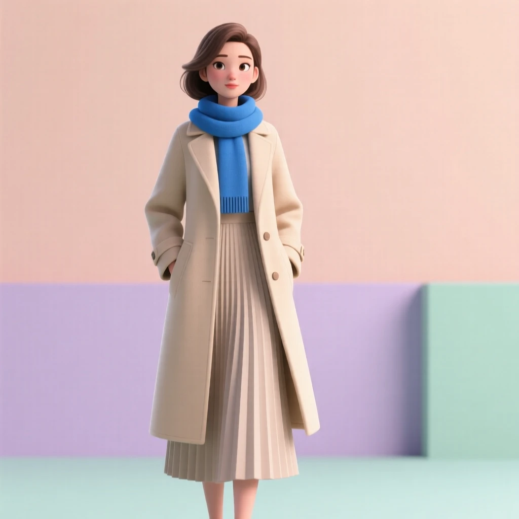 A woman in a chic outfit with a beige coat, pleated skirt, and blue scarf, set against a pastel background.