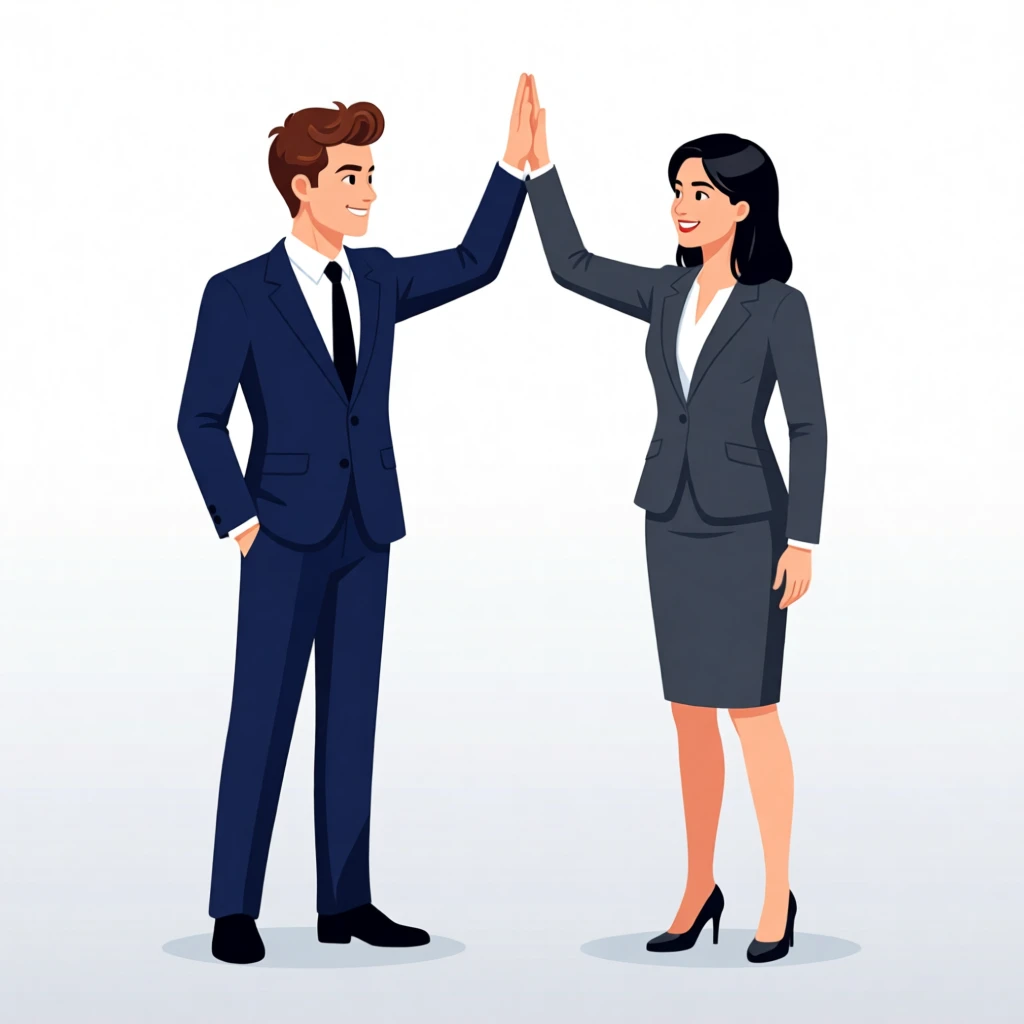 A man and woman high-fiving, dressed in business attire, celebrating teamwork or success.