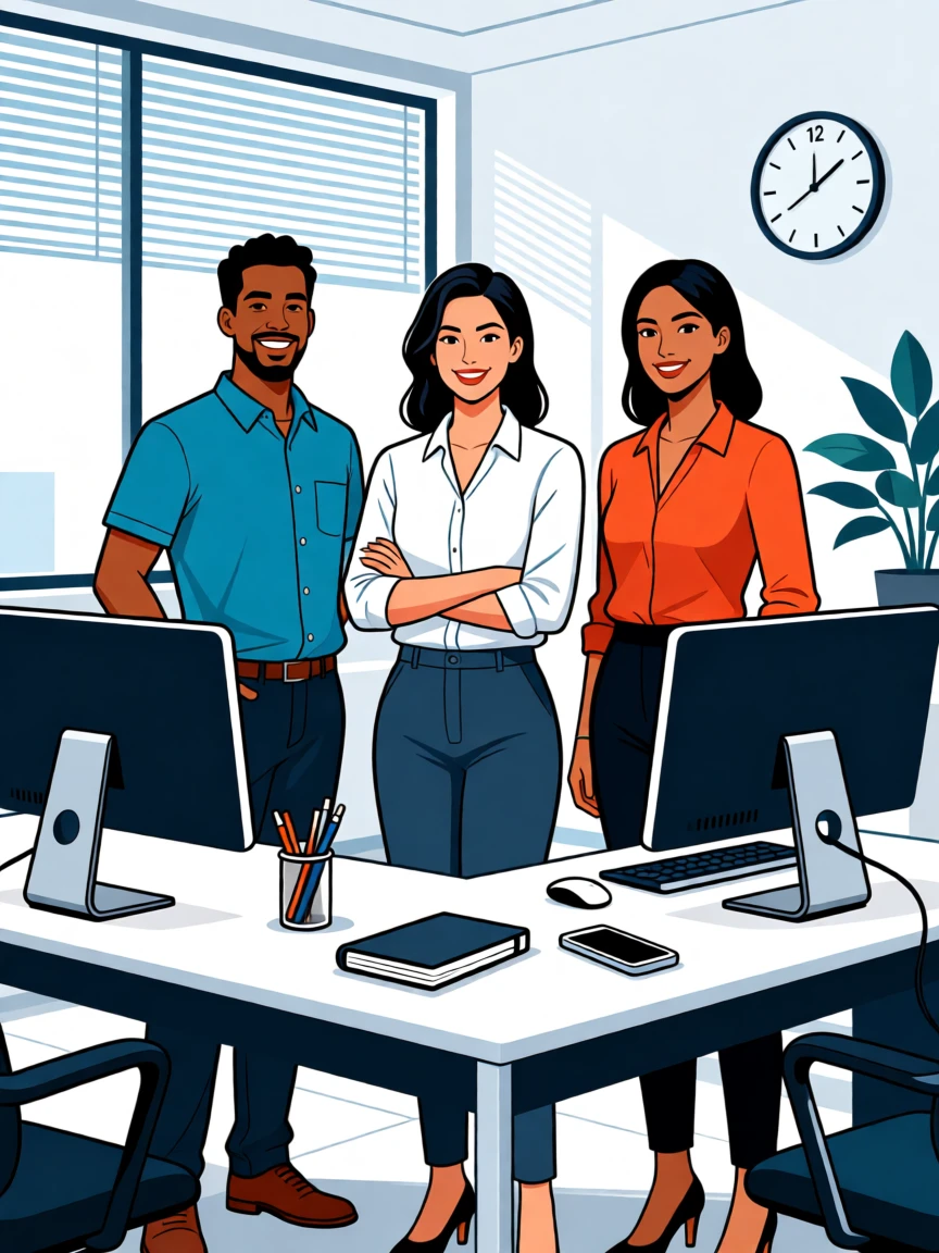 Three persons in a modern office setting, standing behind a desk with computers and office supplies.